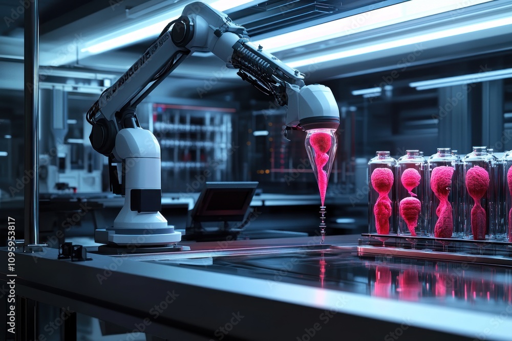 Poster robotic arm manipulating bio-engineered specimens in a futuristic laboratory.