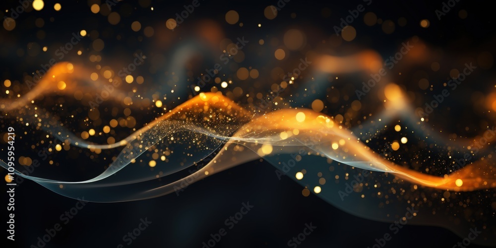 Poster abstract waves of golden light on a black background with soft glow and sparkles creating a mysterio