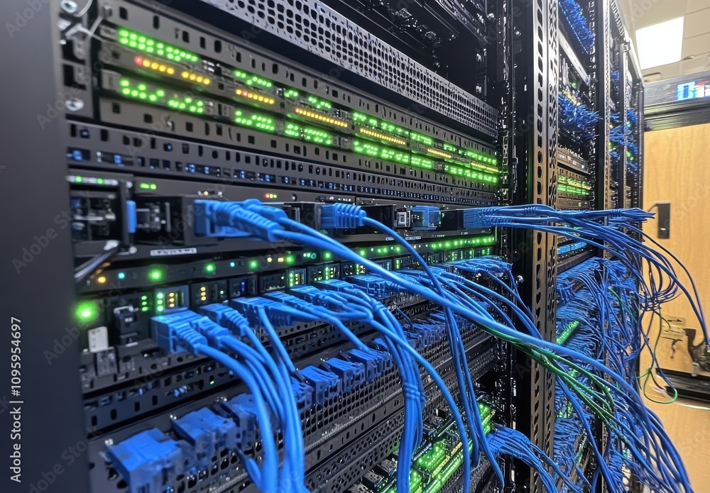 Aufkleber detailed close-up of server rack with luminous panels and connected cables featuring network equipme