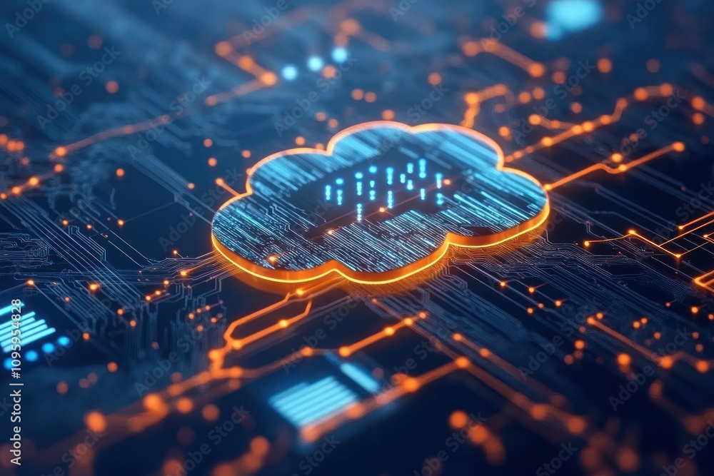 Aufkleber here's a and keyword list for your stock photo.. glowing cloud icon on circuit board, symbolizing cl