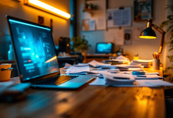 Naklejka premium Laptop on desk with documents.