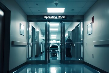 front view of double door of operating room in hospital, door make from mirror with LED sign "Operating Room" above the door at center.