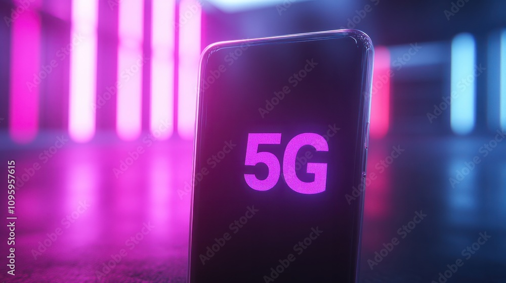 Poster interactive holographic 5g text icon over mobile phone with copy space for text placement