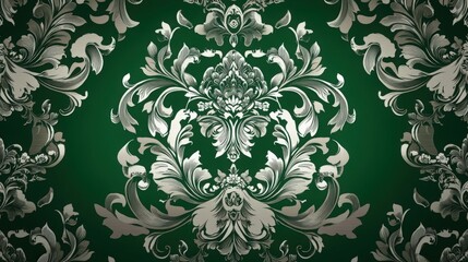 Fototapeta premium A luxurious emerald green and silver wallpaper with floral motifs, showcasing ornate details and repeated traditional Persian patterns, perfect for enhancing the aesthetic of high-end brochures 