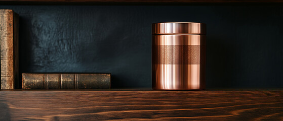 Fototapeta premium Elegant Copper Canister Display on Dark Oak Shelf