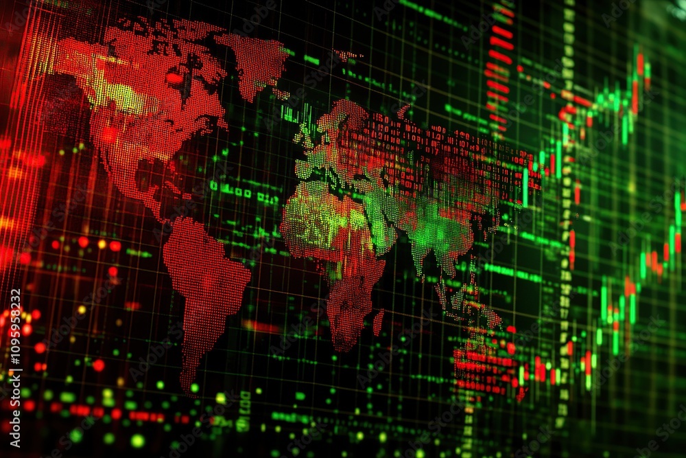 Poster global market data visualization: a dynamic world map with stock market charts