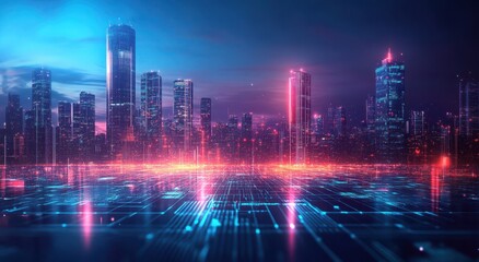 Obraz premium Futuristic Cityscape with Neon Lights and Digital Grid Overlay Illustrating Technology and Urban Life in a Vibrant, High-Tech Environment