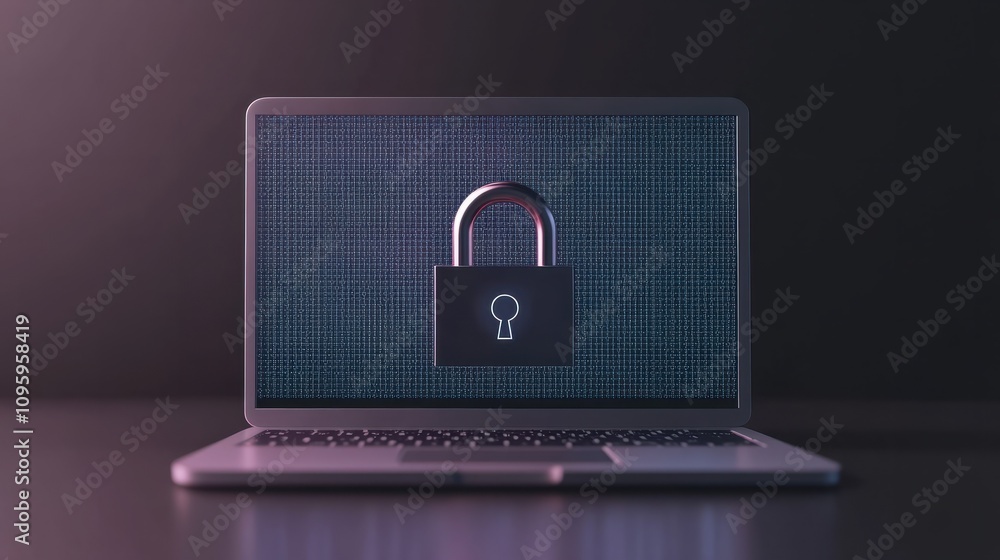 Poster laptop with the padlocks symbol for cyber security on a transparent background