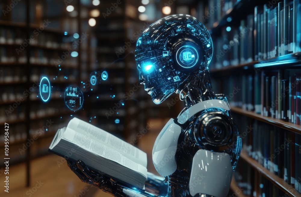 Poster futuristic robot with digital features reading a book in a modern library, showcasing technology and