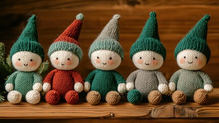 Fototapeta premium Handmade Knitted Elves on Bench: Cozy Rustic Holiday Decor