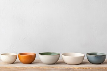 handmade and ceramics concept. A collection of handmade ceramic bowls with unique glazes and natural variations, displayed on a rustic wooden table