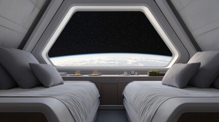 A futuristic bedroom with two beds, featuring a large hexagonal window showcasing a stunning view of Earth from space.