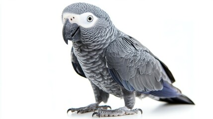 Fototapeta premium Curious african grey parrot perched on white surface close-up studio nature wildlife perspective