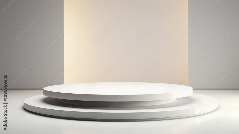 Poster minimalistic circular stage podium designed for presentations with soft lighting and neutral backgro