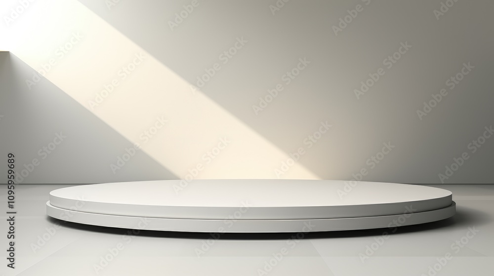 Poster minimalistic circular podium on neutral background with soft light reflection for presentation and d