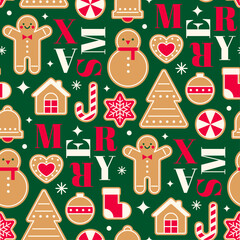 Cute geometric cookies and words seamless pattern design for christmas holidays background.