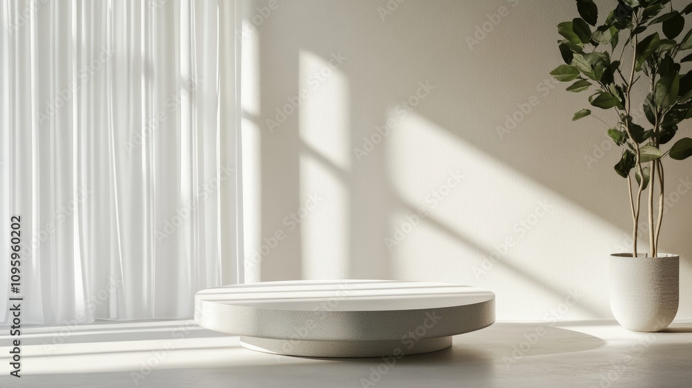 Poster minimalistic circular stage podium with natural light and subtle shadows accentuating a calm and ser