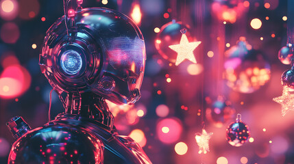 Futuristic Robot with Headphones Surrounded by Colorful Christmas Ornaments and Bokeh Lights, Evoking a Magical Holiday Atmosphere in a Sci-Fi Setting