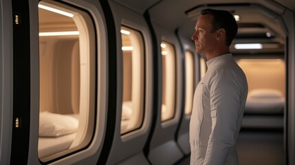 A man in a futuristic space corridor gazes out of a window, surrounded by sleek design and sleeping pods.