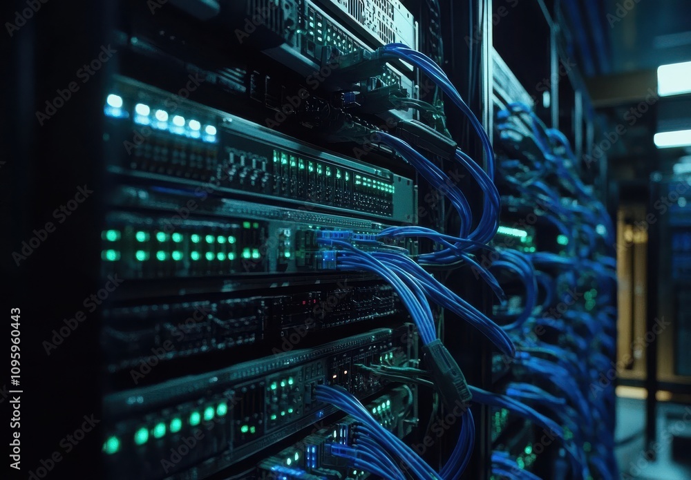 Poster high-tech data center with glowing server racks and network cables in a modern it environment for di
