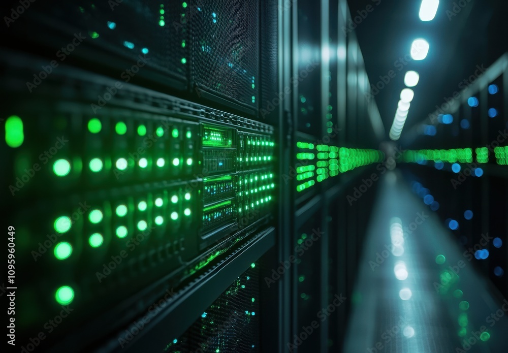 Poster high-tech data center with glowing server racks and led lights reflecting a modern network infrastru