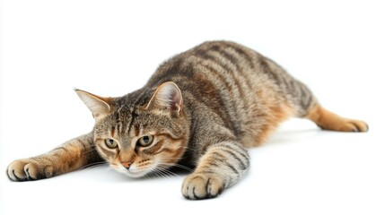 Obraz premium Tabby cat stretching its back white background animal photography indoor close-up relaxation
