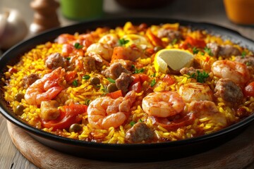 Fototapeta premium A vibrant seafood and sausage paella filled with shrimp, sausage, and colorful vegetables garnished with lemon.