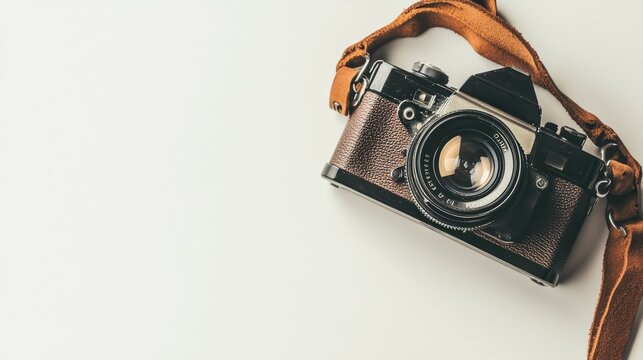 Vintage camera with leather strap white background photography minimalist close-up timeless beauty