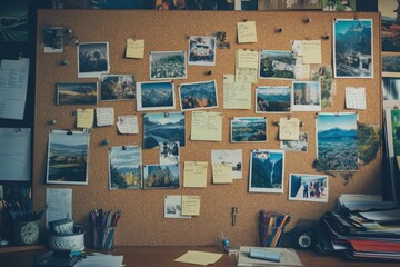 A corkboard covered with sticky notes and photos, with pushpins and a few scattered papers, representing an organized vision board with personal goals and inspirations in a cozy home office