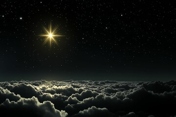 Bright star shines above dark clouds, starry night.