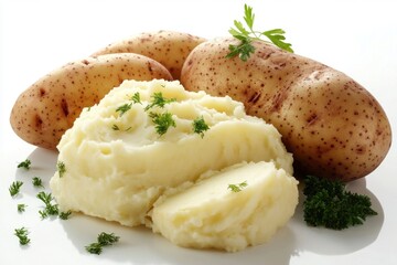 A serving of creamy mashed potatoes garnished with fresh parsley, accompanied by raw brown potatoes.