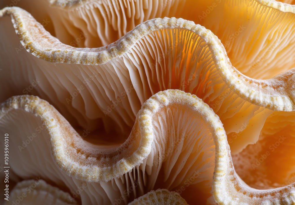 Poster Intricate Close-Up of Layered Mushroom Cap Showing Curved Texture and Unique Color Patterns, Highlighting Nature's Stunning Organic Forms and Details