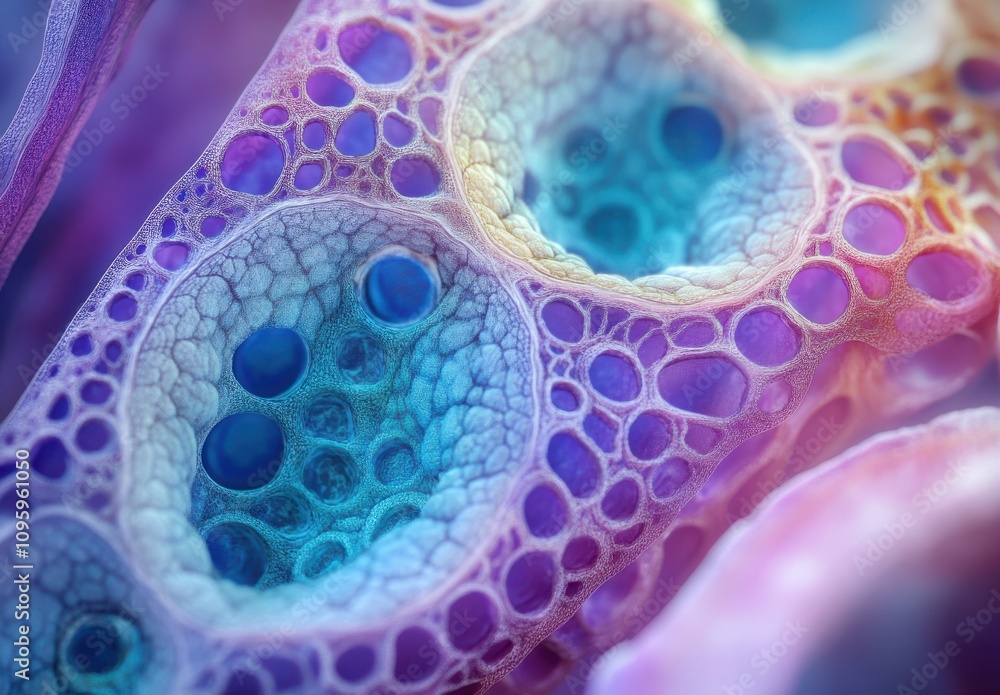 Poster intricate microstructure of colorful cells underlying a vibrant abstract composition in a close-up v