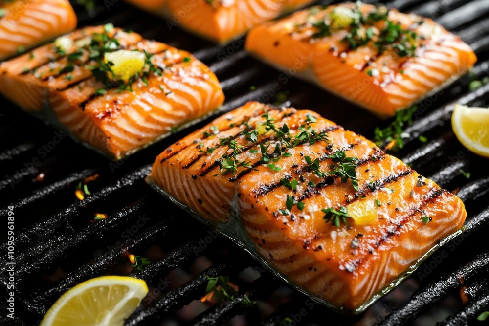 Poster Grilled salmon fillets garnished with herbs and lemon, showcasing delicious textures and vibrant colors.