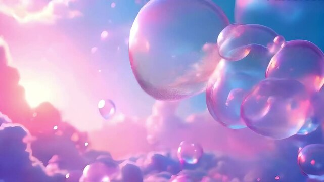 A serene landscape featuring translucent bubbles reflecting a colorful sky at sunset.