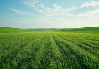 Lush Green Landscape with Vibrant Grass Under a Blue Sky and Wispy Clouds, Capturing the Essence of Nature’s Beauty and Serenity in a Rural Setting