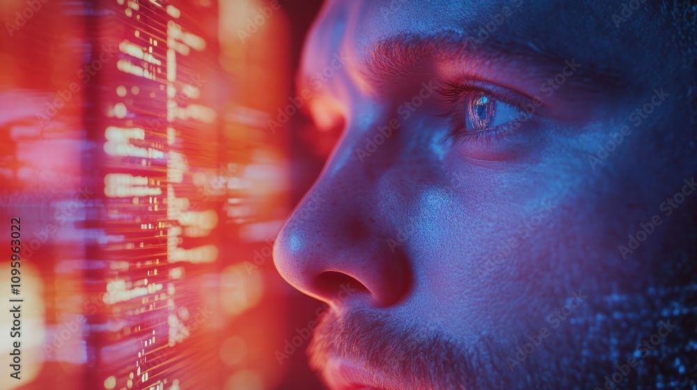 Poster programming coding and man with focus, hologram and trading with cyber security, futuristic and rese