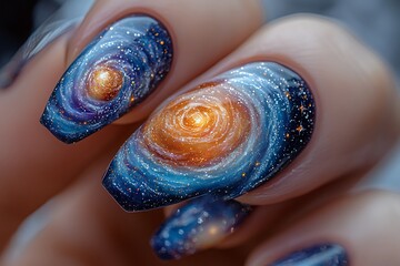 Galaxy nail art design with blue and orange hues