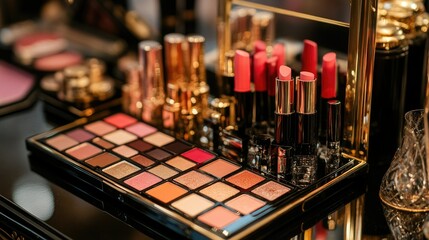 A luxurious, visually appealing makeup setup with a mix of red and pink lipsticks, eyeshadows, and blushes, carefully arranged on a vanity tray