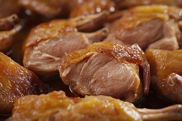Close-up of succulent roasted duck, showcasing glistening skin and tender meat, creating a mouthwatering dish.