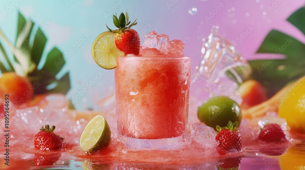 Poster a refreshing strawberry lime frozen cocktail with a pop of vibrant color in the background, garnishe