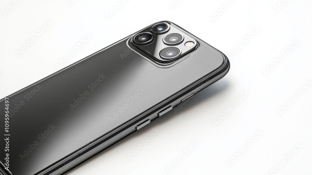 Poster realistic smartphone mockup with a triple camera setup and sleek design, isolated on white backgroun