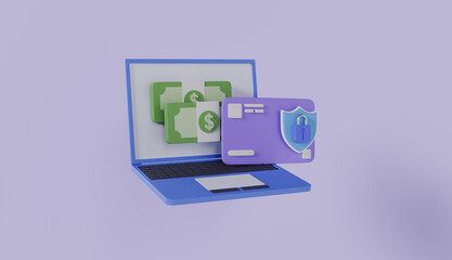 Importance of security in online transactions with laptop, banknotes, shield and padlock