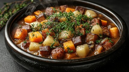 Hearty beef and vegetable stew with fresh thyme garnish