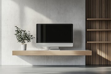 Modern Minimalist Home Decor: Alluring iMac and Wooden Shelf Design