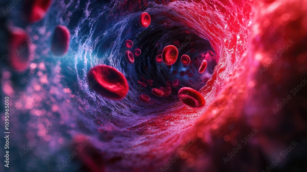 Poster a visual representation of a clogged artery in 3d, with cholesterol plaques forming inside the vesse