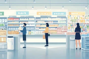 Fototapeta premium Grocery store dairy section, customers selecting products, minimalist design, soft color palette 