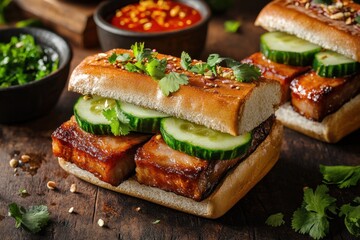 Close-up of delicious sandwiches featuring crispy pork, fresh cucumber, and cilantro on toasted bread.