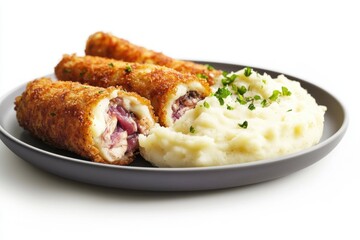 A delicious plate of crispy chicken rolls stuffed with savory meat, served with creamy mashed potatoes.