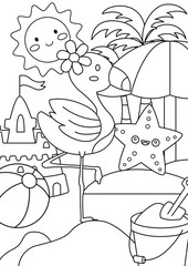 Coloring Page Outline Of a Cute flamingo on the beach
